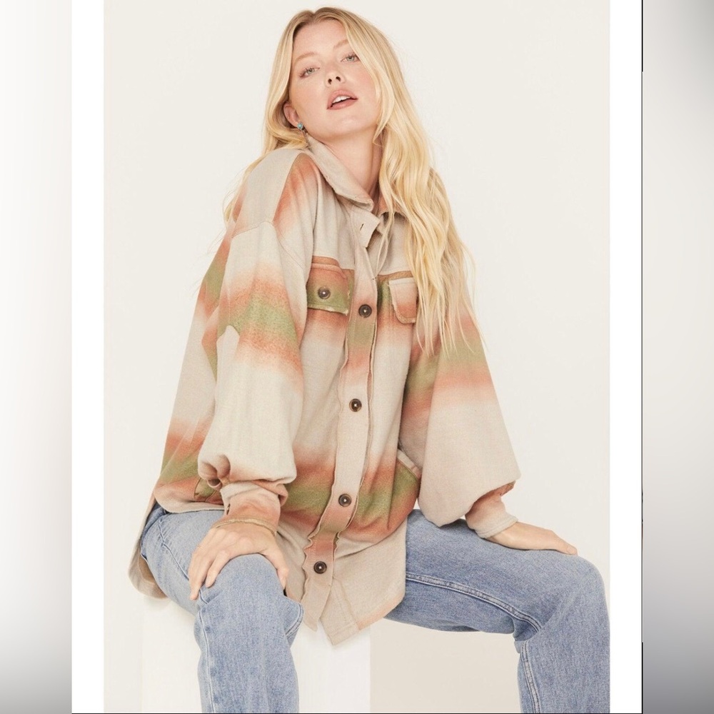 Free People Ruby Jacket XL Ombre Serape Stripe Oversized Shacket Elbow PatchBoho